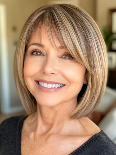 Webshaiy Perruque Femme Naturelle Perruque Bob Dégradée Court avec Frange Volume et Style pour Quinquagénaires Grand-mère Couvre Cheveux Blancs Perruques Synthétique Naturels Ombre Blonde Highlight
