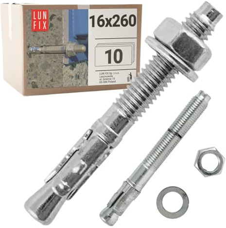 10 stk. Set Bolzenanker 16x260 mm aus Stahl verzinkt inkl. Mutter und Unterlegscheibe für Beton, Pergola, Zaun, Torbefestigung