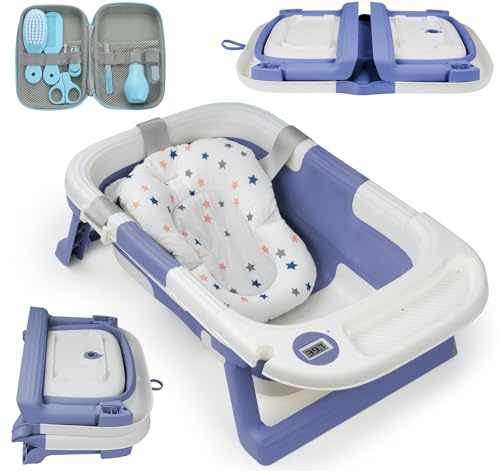 Truevaste Babybadewanne Faltbare für Neugeborene Kleinkinder 0-3 Jahre, Babywanne mit Rutschfeste Matte & 7er Pflege-Set, Tragbare Baby Bathtub mit Integrierter Temperaturfühler, Blau