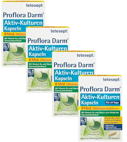 tetesept Proflora Darm Aktiv-Kulturen Kapseln - Nahrungsergänzungsmittel mit 8 Mrd. Milchsäurebakterien, Vitaminen und Inulin - 4 x 24 Kapseln
