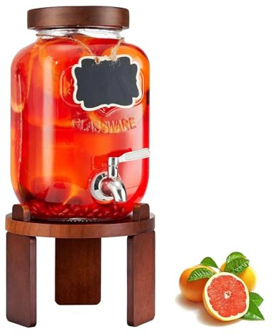Dispensadores de bebidas de vidrio para fiestas Dispensador de bebidas de vidrio con soporte de madera Grifo y etiquetas de acero inoxidable Ideal para limonada, jugo, té,4L