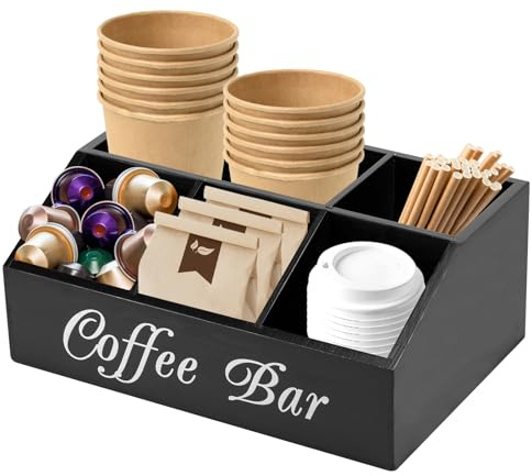 TNTGMG Kaffee Organizer Station,Hölzerne Aufbewahrungsbox mit 5 Fächern, 32×21×13,2 cm, Aufsatz für Kaffee- und Teezubehör für Teebeutel, Hülsen, Sirup, Tassen und Rührer (Schwarz)