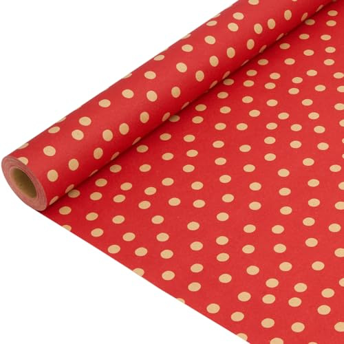 Kraftpapier-Geschenkpapierrolle: Weihnachtspapier mit roten Punkten, recycelbar, für Weihnachten, Geburtstag, Hochzeit und Thanksgiving – 43 cm x 15 m