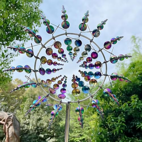 Moulin a Vent Jardin Exterieur, HOVCEH Upgraded Antirouille Moulin à Vent Metal Decoratif, 3D 360° Dual Rotors Kinetic Sculptures Cinétiques à Vents pour Cour, Pelouse, Jardin