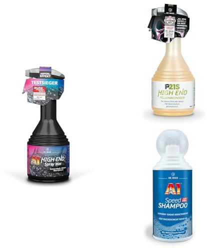 DR. WACK HIGH END Trio Bundle: Lackversiegelung (A1 Spray Wax 500ml) mit Abperl-Effekt, P21S Felgenreiniger (750ml) mit Wirkindikator & A1 Speed Shampoo (500ml) für Tiefenreinigung