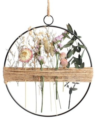 Trockenblumen Kranz 25cm Blumenkranz Deko,Hängende Boho Türkranz Blumenkranz Metallring mit Trockenblumen,DIY Natur Trockenblumenkranz Ring für Wohnzimmer Wand Tür Dekoration