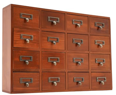 HUASSION 16 Drawers Apothecary Cabinet, Rustic Brown Wooden Library Card Catalog Cabinet, Tabletop Apothecary Chests with Metal Handles, Herb Storage Box, Wooden Desk Drawer Organizer for Home Office