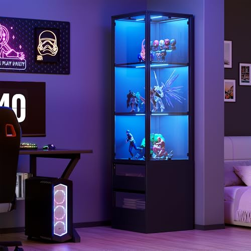 MSFE Vetrina Espositiva Angolare,Vetrina in Acrilico con Illuminazione a LED e Cassetti,3 Ripiani Vetrinetta Autoportante per Collezionismo per Oggetti da Collezione,Giocattoli,Libri,40 * 40 * 160CM