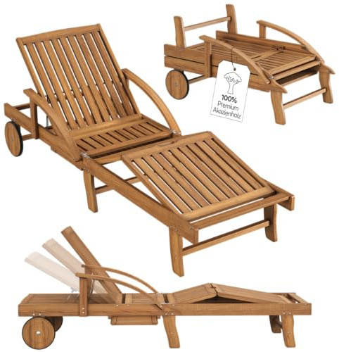 STEELSØN Mintaka Sonnenliege – Gartenliege klappbar mit Rollen & Tisch – Holzliege aus Akazienholz geölt – Relaxliege Rücken- & Fußlehne verstellbar – Saunaliege wetterfest bis 160kg belastbar
