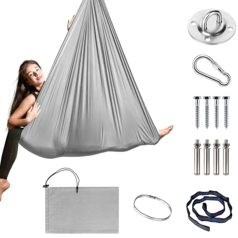 Aerial Yoga Hängmatte Set, Yoga-Schaukel, 1,5 × 1,4 m, Tragfähigkeit von 200 kg, inkl. Zubehör, für Yoga-Übungen (Grau)