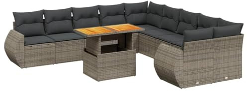 Foknhdi 11-teiliges Gartenset Rattan Sofa Garnitur Grau 62 x 62 cm Poly Rattan Akazienholz Sitzgruppe Outdoor mit verstellbarem Tisch für Balkon Terrasse Wintergarten