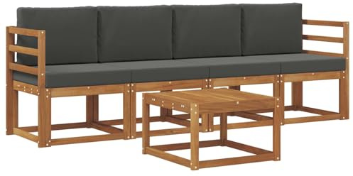 Foknhdi Juego de muebles de jardín de madera maciza de acacia de 5 piezas con mesa y tapicería, conjunto de asientos para jardín y terraza, color natural y antracita