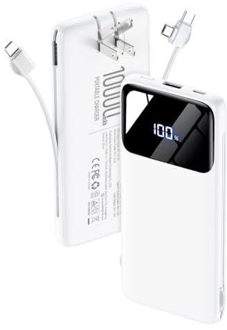 Portable Charger 10000mAh Power Bank with Built-in Cables and Wall Plug | Slim Fast Charging USB-C Battery Pack, LED Display Travel Essential Portable Phone Charger for Cell Phones(Cream)