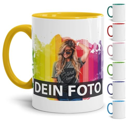 Tasse selbst individuell gestalten/Personalisierbar mit eigenem Foto bedrucken/Fototasse/Motivtasse/Werbetasse/Firmentasse mit Logo/Innen & Henkel Gelb