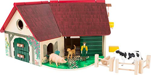 small food Woodfriends Bauernhof mit Zubehör aus Holz, mit aufklappbarem Dach und Tierfiguren, ab 3 Jahren, 11005