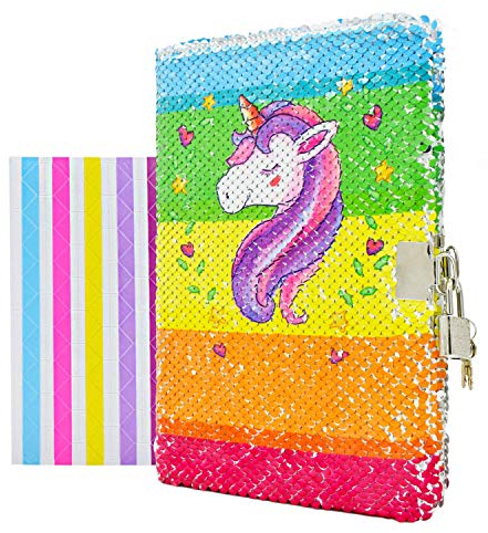 VIPbuy Kid Girls Unicorn Sequin Notebook Diary with Lock and Key Reversible Sequin Journal A5 Lined Secret Notepad Set with Gift Photo Corner Sheet for Art Creation, 156 Pages, 21.5cm x 14cm