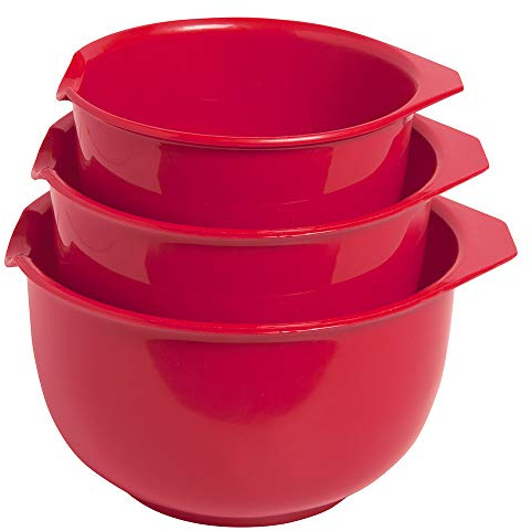 Glad Mixing Bowls with Pourer, Set of 3 | Nesting Design Saves Space | Non-Slip BPA Free Dishwasher Safe Plastic | Kitchen and Baking Accessories, Red
