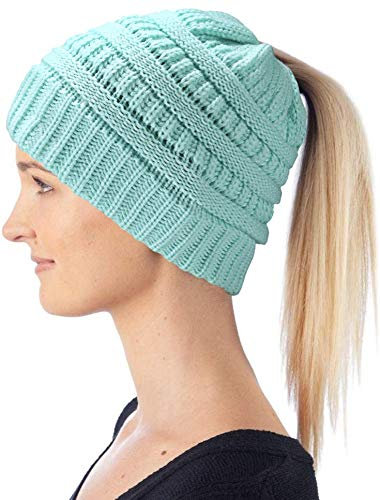 Damen Beanie Mütze mit Zopfloch | Strickmütze für Pferdeschwanz | Ponytail Beanie gestrickte Mädchen Wintermütze | weich & warm (Mint)