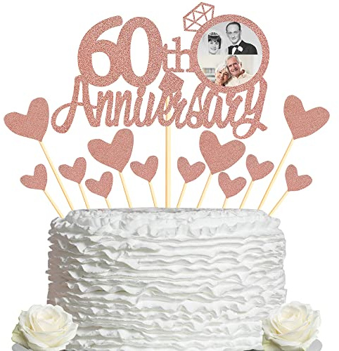 Sumerk 60th Anniversary Cake Topper,13pcs Rose Gold Glitter Cake Toppers Decorations for 60th Wedding Anniversary Celebration Party
