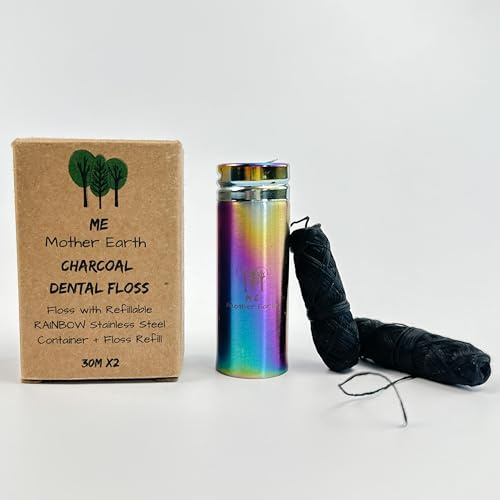 Vegan Biodegradable Bamboo Charcoal Dental Floss with Refillable Stainless Steel Rainbow Container | Extra Floss Refill | Natural Candelilla Wax | 30M x2 | Peppermint | Eco Zero Waste Oral Care