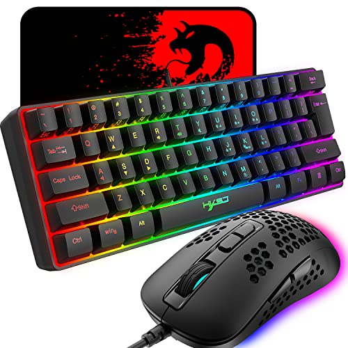 Tastiera da gioco compatta cablata al 60% 61 tasti 11 Effetti retroilluminazione RGB con tasti completi Anti-ghosting + Mouse Gamng leggero cablato Mouse ottico a nido d'ape + Tappetino per mouse