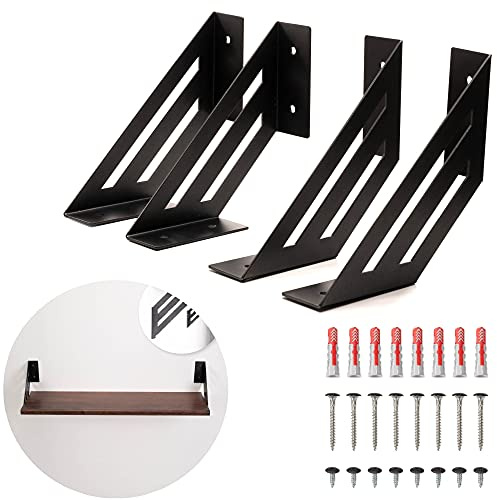 4 Staffe per Mensole Angolari Nere, Supporti a Muro Resistenti, Reggimensola con Viti e Tasselli di Fissaggio (Medium 14 cm, Nero)