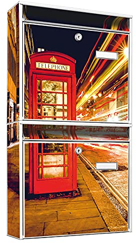 banjado Briefkastenanlage 2 Fach - 2 Briefkästen 36x64x10cm groß - Doppelbriefkasten Set - Namensschild, 2 Schlüssel, Montagematerial - Stahl verzinkt weiß - Motiv Red Telephone