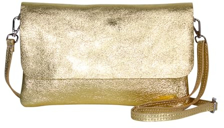 AMBRA Moda GLX11 - Damen Umhängetasche, Clutch, Handytasche aus echtem Leder mit abnehmbarem und verstellbarem Schultergurt, geeignet für Handys und Tablets bis zu 7 Zoll (Gold Metallic)