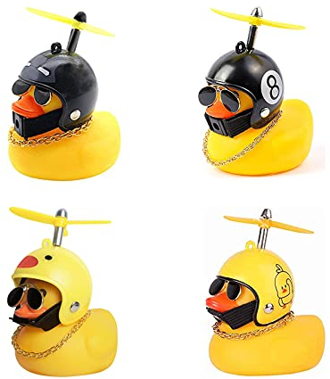 Srup 4 Piezas Juguetes de Pato Goma Adornos, Accesorios Coche de Pato Goma, Pato con Casco de Hélice, Adorno de pato para coche con hélice, Patito para Bicicleta(2 modelos amarillos, 2 modelos negros)