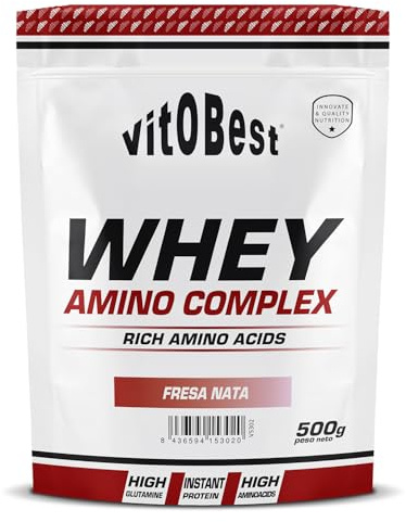 VITOBEST | Proteínas 100% Whey Amino Complex | Ayuda a crear y conservar la masa muscular. Duración de absorción media. Contiene L-Glutamina y L-Taurina | Sabor Fresas con Nata - 500 g