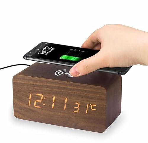 Digital LED väckarklocka med trådlös laddning Brun