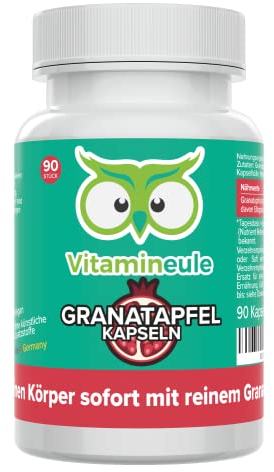 Granatapfel Kapseln - hochdosiert 400 mg 20:1 Extrakt (entspricht 8.000 mg Granatapfel-Pulver) - bioaktiv & vegan - 160 mg Ellagsäure - Produktion in Deutschland - ohne Zusatzstoffe - Vitamineule®