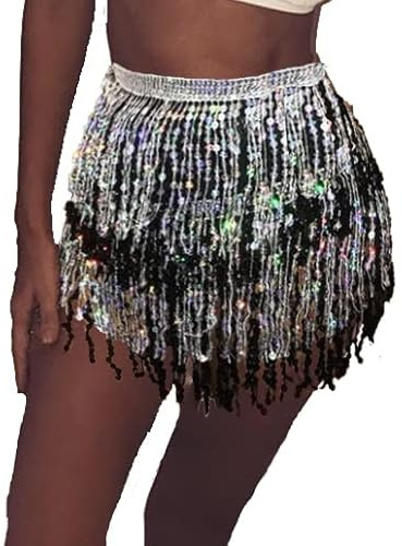 Bufenia Falda de la Cadera de la Danza del Vientre de Las Mujeres Lentejuelas de la Borla Bufanda de la Cadera Envoltura de Tiras Faldas Rave Disfraz de Halloween Club Festival (Negro Plata)
