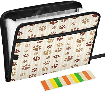Mnsruu Braun Hund Pfotenabdruck gestreift 13 Taschen Fächermappe mit Etiketten, Akkordeon-Aktenordner Aktenordner Brief A4 Papier für Büro Schule Student