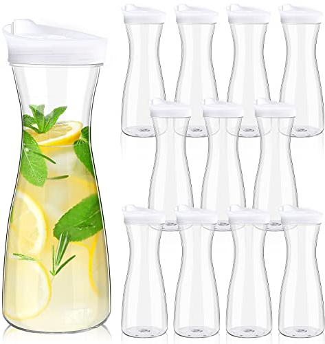 Xinnun 12 Pcs Water Carafes with Lid 20 oz Plastic Juice Container Pitcher Clear Narrow Neck Drink Carafes Mimosa Bar Beverage Pitcher for Outdoors Beach Picnic Parties Tea Milk Lemonade Wine