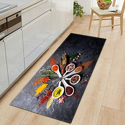 TFLABS Küchenteppiche Gewürze & Löffel Rutschfestes Küchenmatten, Saugfähig Küchenläufer, Komfort Läufer Teppich Set für Küche, Staubdicht Fußmatte 60 x 180cm