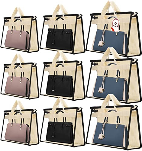 JEFFOUOO 9 Stück Transparente Handtaschen-Aufbewahrungstasche, Beige | 3 Größen Handtaschen Staubschutzbeutel mit Reißverschluss und Griff, Handtaschen Staubschutz Tasche für Schrankregale