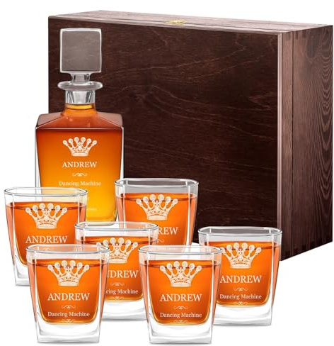 Maverton Geometric Whiskey Decanter and Glasses with Engraving - Symmetrical Carafe for him - 6 Customised Glasses for Man - Stylish Barware for Birthday - Whisky Set for Husband - Crown