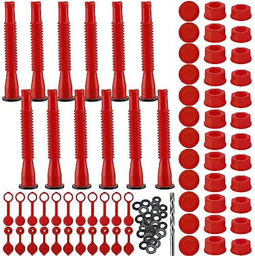 BBTO 12 Kit Gas Can Spout Replacement with Screw Collar Caps, Gasket Stopper, and 2 Kinds Gas Can Vent Cap Bendable Nozzle Kit Fits Most of the Oil Gas Cans Water Gas Container Jug (Red)
