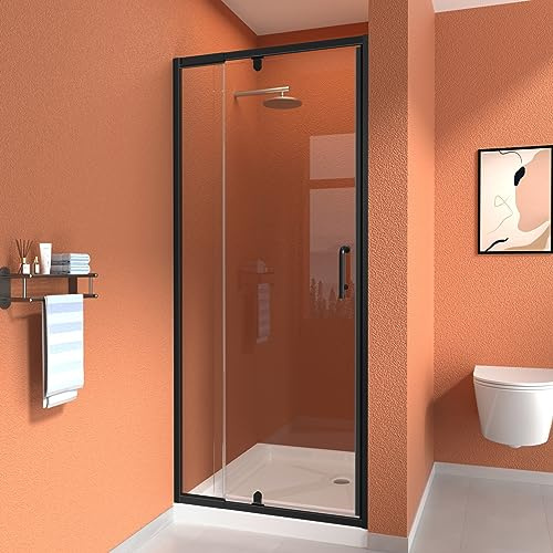 CKB 28-32“ W x 72” H Shower Door. 1/4 (6mm) Tempered Glass, with Shattered-Proof Flim and Easy Clean Coating. Semi-Frameless Pivot Shower Glass Door with Matte Black