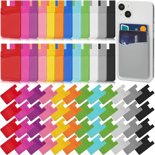 Fulmoon 72 Pcs Phone Card Holder for Back Silicone Adhesive Wallet Case Pouch 2 Pocket Wallet Stick on Cell Phone Sleeve for Most Smartphones ID Business Credit Cards, 12 Colors
