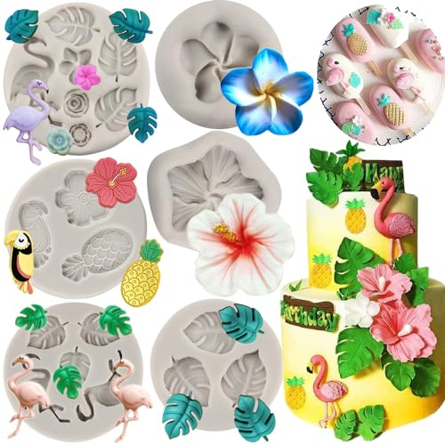 MYPRACS Moldes de silicona con diseño de flamenco, diseño de hojas tropicales, plumeria, hibisco, flores, fondant, pájaros, piña, chocolate, para decoración de pasteles, decoración de pasteles, pasta