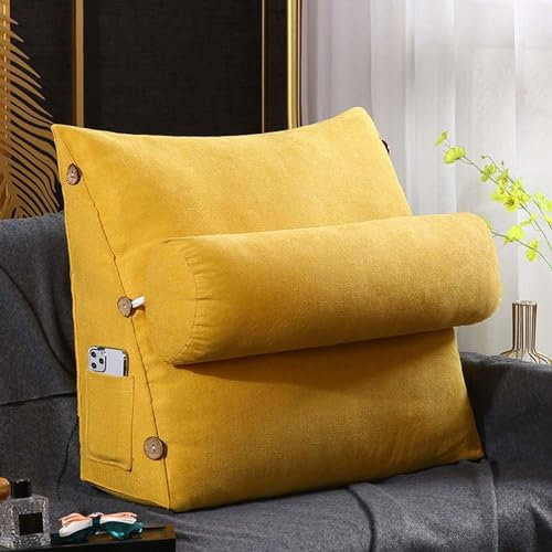 Keil-Lesekissen Mit Verstellbarem Nackenkissen Und Taschen, Sofa-TV-Rückenkissen, Bettruhekissen, Kopfteil, Rückenlehne, Lendenwirbelstütze, Dreieckiges Lesekissen ( Color : Yellow , Size : 45x45x20cm