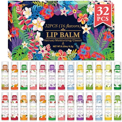VISRIE 32 Pack Lip Balm, Natural Lip Balm Bulk with Vitamin E and Coconut Oil, Moisturizing Lip Balms for Dry Lips-16 Flavors