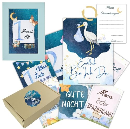 36 Meilensteinkarten für Jungen - Karten-Set mit Geschenkbox + Holz-Fotorahmen - Hervorragende Geschenkidee für Geburt, Taufe und Babyparty - Entwicklungsschritte-Karten (Blauer Rahmen)
