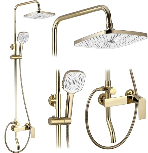 Rea Duschsystem STORM GOLD Duschset Duscharmatur mit Duschkopf und Kopfbrause aus Messing Duschgarnitur für Badezimmer (gold)