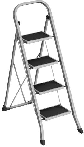 SONGMICS Scaletta, Scala a 4 Gradini, Scaletta Pieghevole, Chiusura di Sicurezza per Piegamento, Facile da Riporre, Portante 150 kg, Grigio Tortora GSL004G01