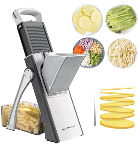 SupMaKin Mandoline de Cuisine Safety Slicer Manuelle Multifonction Tous Coupe Légumes Lame en acier inoxydable, Julienne, Cubes, Fcoupe Patate Frite carotte,Euroshopping (Blanc)