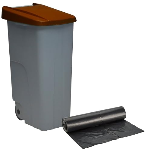 WELL HOME MOBILIARIO & DECORACIÓN Contenedor Cerrado 110L Marrón H.88cm + Rollo 10 bolsas de basura 120L