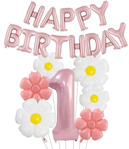 DazzJoy Geburtstagsdeko 1 Jahr Mädchen mit Gänseblümchen Folienballon, Luftballon Deko 1. Geburtstag Mädchen Junge, Rosa Happy Birthday Ballon 1 Geburtstag